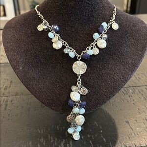 Chico’s Serena Y Drop Silver Blue Beaded Bead Charm Necklace